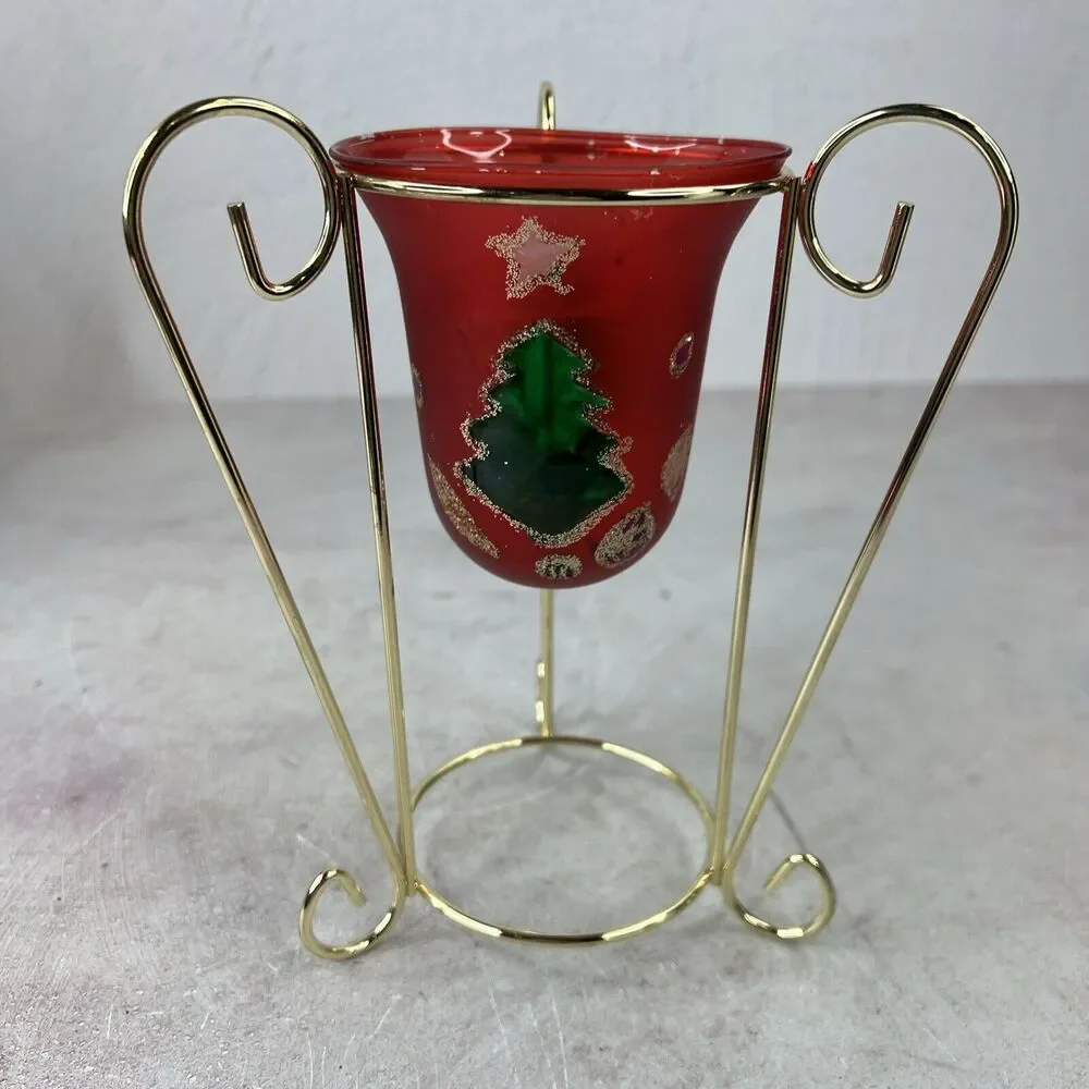 Vintage Hand painted Red Glass Candle Holder With‎ Metal Stand Chipped Paint